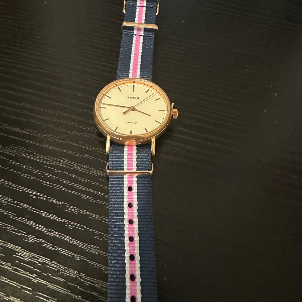 Timex Gold Watch with Navy and Pink Band